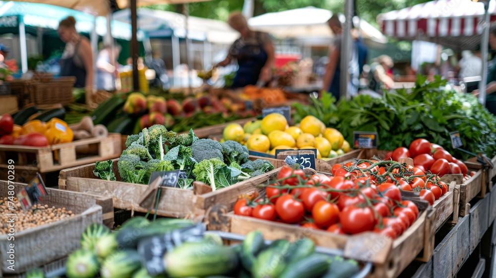 A bustling and diverse farmers' market with stalls selling fresh produce and handmade goods realistic stock photography