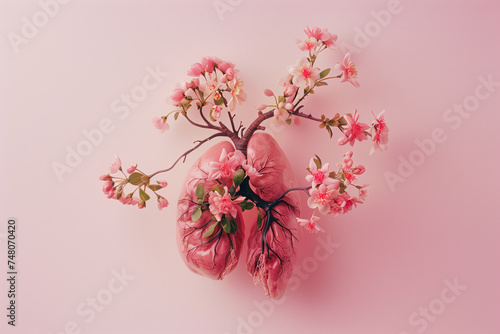 Artificial human lungs filled with pink cherry blossom on soft pink background. The time of seasonal allergies and blooming season. photo