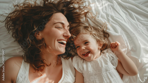 A joyful woman and a laughing toddler are lying on a bed, sharing a playful and affectionate moment together.