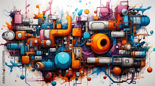 A top-down view of a whiteboard covered in colorful graffiti-style artwork, featuring bold shapes and intricate patterns, creating a visually captivating urban art scene