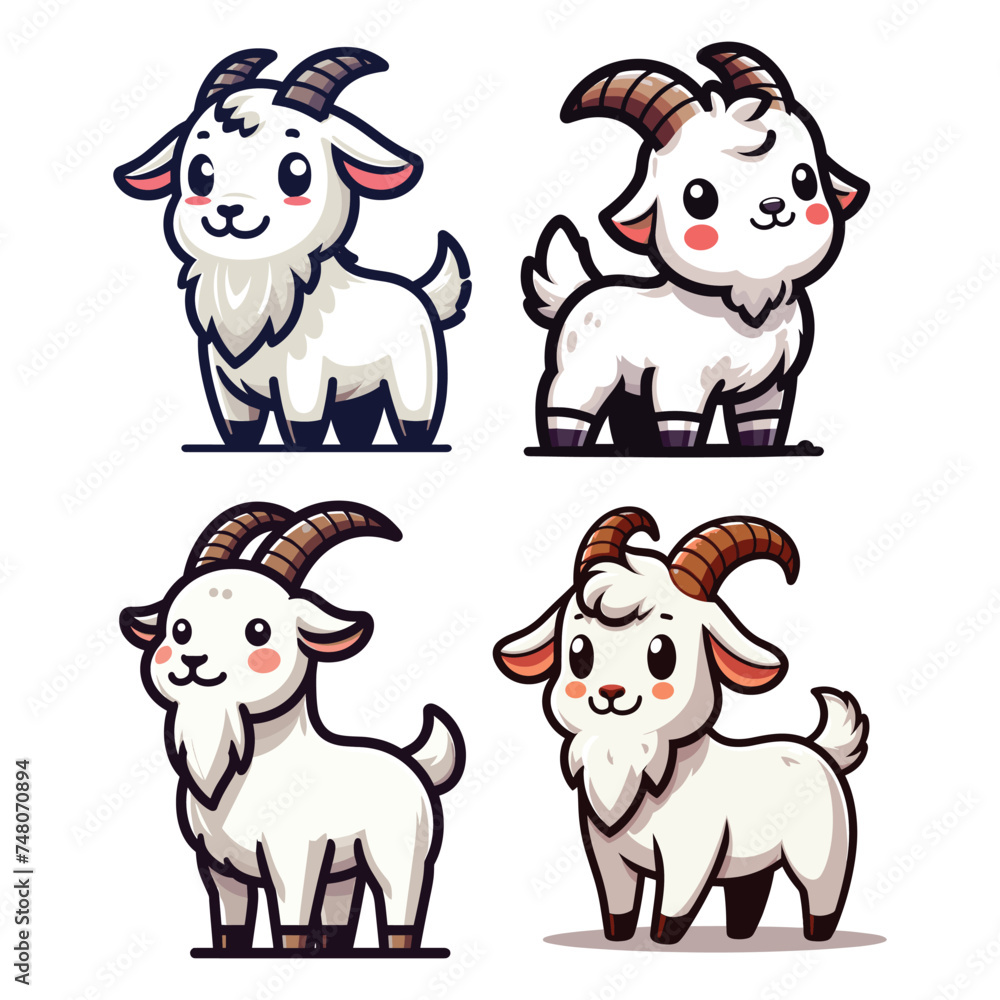 Set of cute goat full body cartoon mascot character vector illustration, funny adorable farm pet animal goat design template isolated on white background