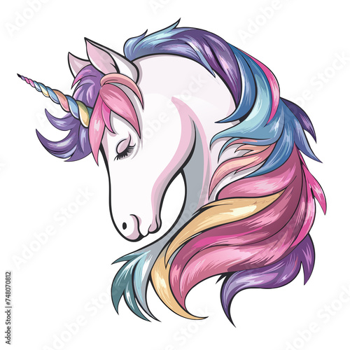  graphic of a unicorn head with a pink head on an isolated background photo