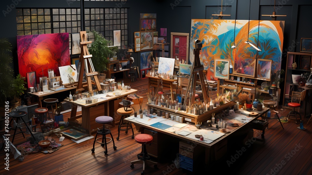 A top-down view of an art classroom, with easels, paintbrushes, and colorful canvases, showcasing a space of creativity and learning, captured in high-definition detail and vibrant colors