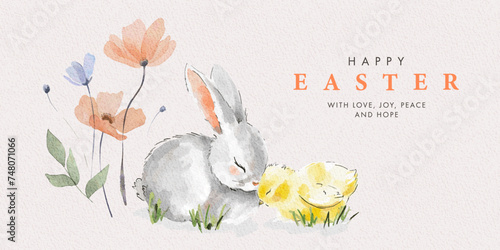 Happy Easter watercolor greeting card, website banner or poster with cute Easter bunny, little chick and spring flowers in pastel colors on light background. Isolated Easter watercolor decor elements