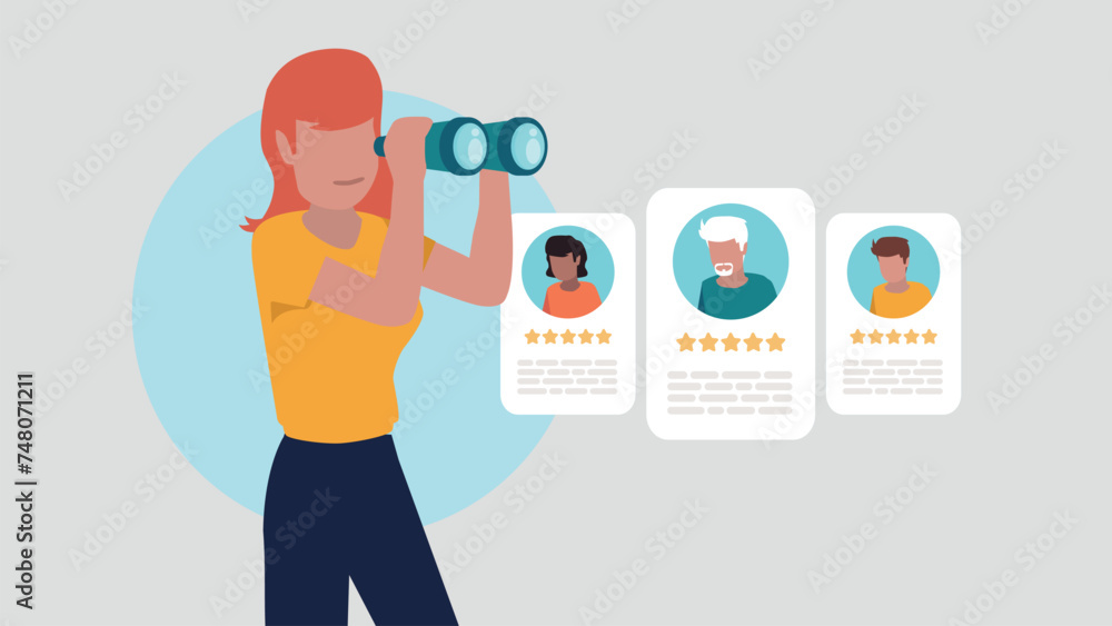 Vektor-Illustration eines Head Hunters, der mit einem Fernglas nach möglichen Angestellten sucht - Rekrutierungskonzept Vektor-Illustration eines Head Hunters, der mit einem Fernglas nach möglichen Angestellten sucht - Rekrutierungskonzept