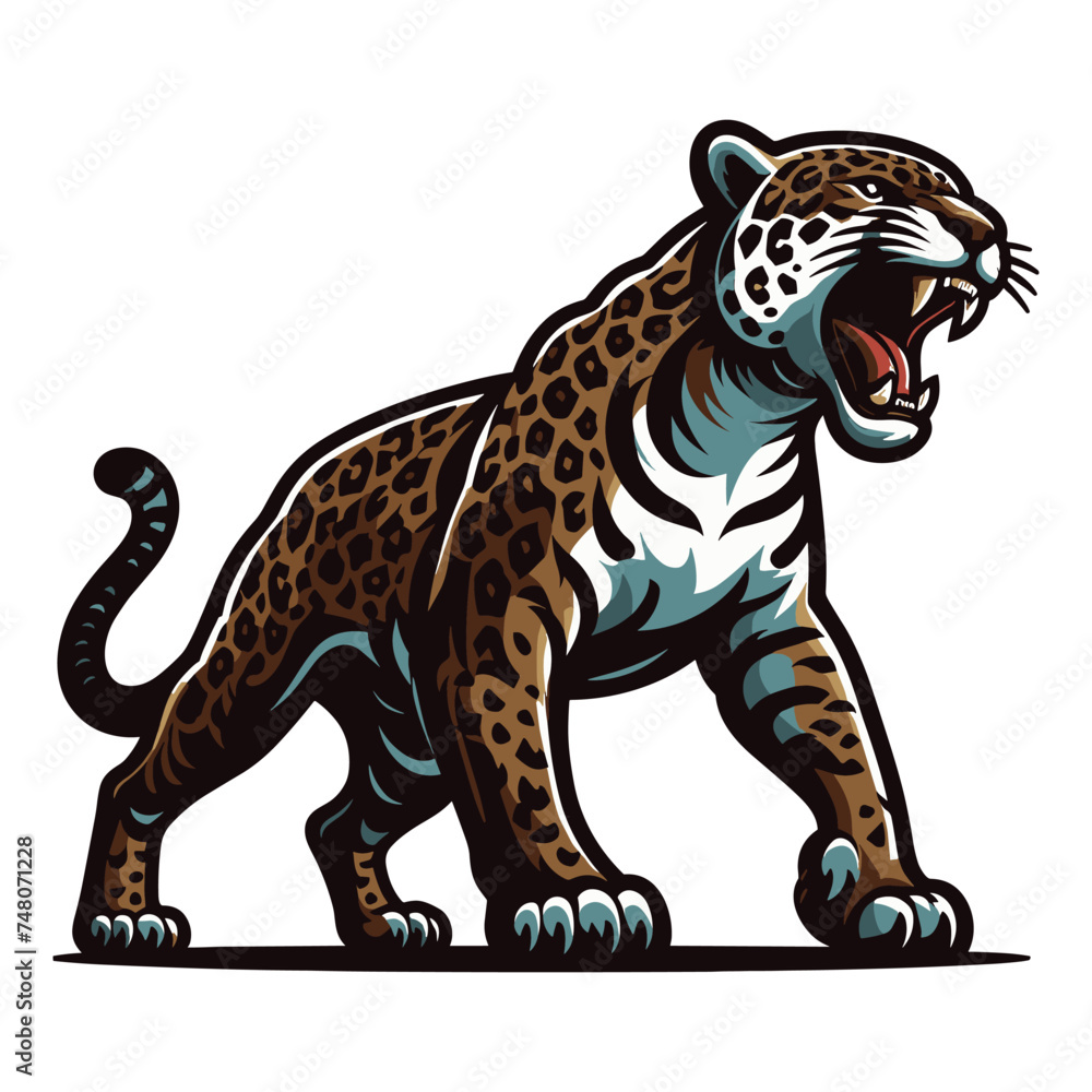 Wild roaring jaguar leopard full body vector illustration, zoology illustration, animal predator big cat design template isolated on white background Wild roaring jaguar leopard full body vector illustration, zoology illustration, animal predator big cat design template isolated on white background