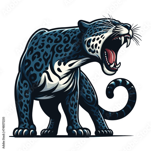 Wild roaring jaguar leopard full body vector illustration, zoology illustration, animal predator big cat design template isolated on white background