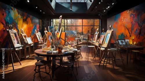 A top-down view of an art classroom, with easels, paintbrushes, and colorful canvases, showcasing a space of creativity and learning, captured in high-definition detail and vibrant colors