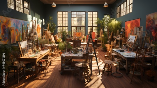A top-down view of an art classroom  with easels  paintbrushes  and colorful canvases  showcasing a space of creativity and learning  captured in high-definition detail and vibrant colors