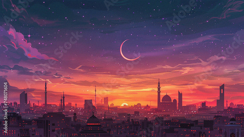 Panorama of Arab city in Ramadan