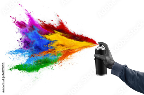 hand with black glove and color spray can with colorful rainbow paint powder cloud explosion isolated  white panorama background. industry art and graffiti concept. © stockphoto-graf