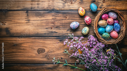 Artistic arrangement of multicolored Easter eggs loosely placed with vibrant purple flowers on a rich, wooden textured surface photo