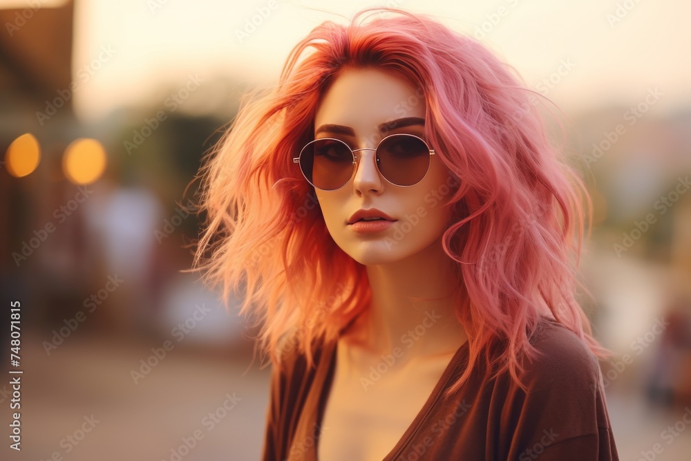 Stylish young woman with pink hair and sunglasses in the city on a sunny summer day