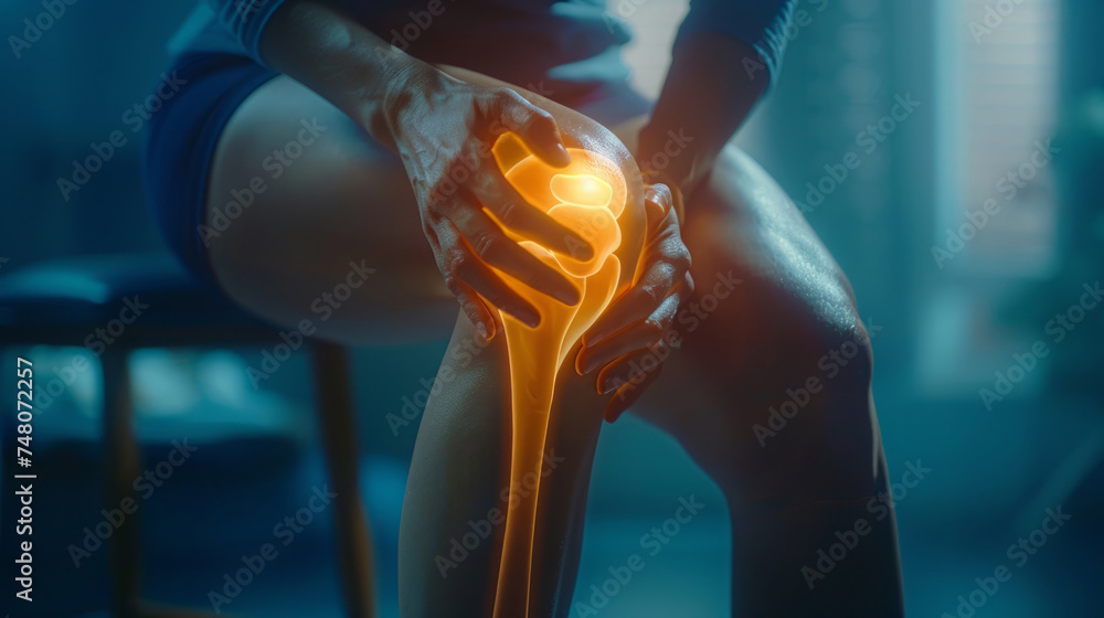 Close-up Knee pain on bright clear blue background, joint inflammation, bone fracture, woman suffering from osteoarthritis, leg injury - obrazy, fototapety, plakaty 