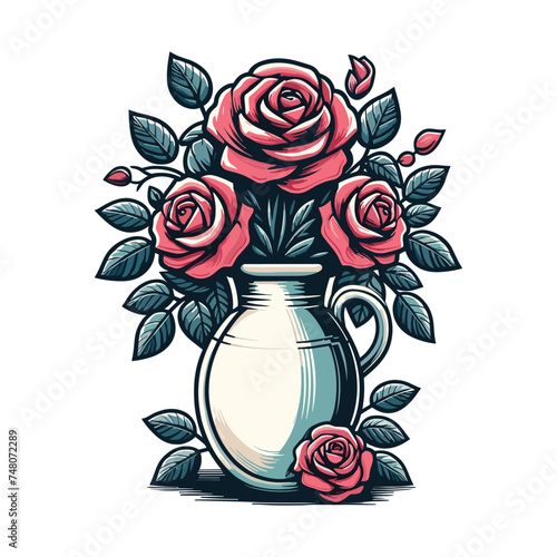 Colorful roses flower in a vase vector illustration, cute spring flowers, bouquet of roses with leaves design template isolated on white background