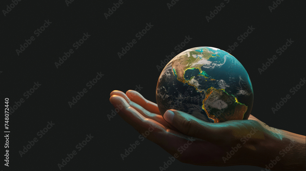 Delicately floating above a human palm, Earth is presented with a sense of gentle guardianship Delicately floating above a human palm, Earth is presented with a sense of gentle guardianship