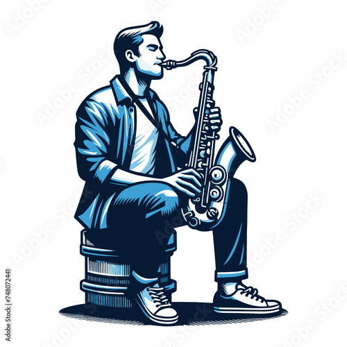 Musician playing saxophone, music player performing solo, holding sax instrument in hands, man saxophonist, jazz and blues performance. Flat vector illustration isolated on white background