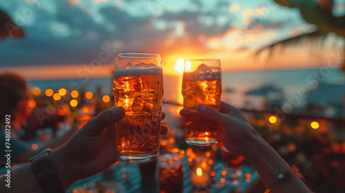 A joyful moment captured as friends toast with cocktails at a rooftop bar overlooking a cityscape photo