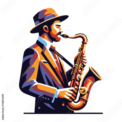 Musician playing saxophone, music player performing solo, holding sax instrument in hands, man saxophonist, jazz and blues performance. Flat vector illustration isolated on white background