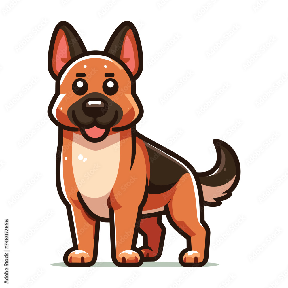 German shepherd dog cartoon mascot character vector illustration, cute adorable family pet, friendly dog full body design template isolated on white background German shepherd dog cartoon mascot character vector illustration, cute adorable family pet, friendly dog full body design template isolated on white background