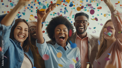 Happy diverse employees team celebrating success business achievement