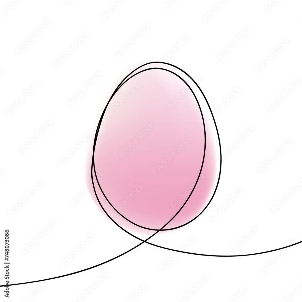 Egg line art. Continuous black line and pink colored egg shape for Easter holiday greetings and invitations. Vector illustration.