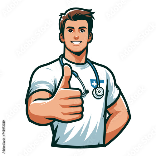 Man doctor giving thumbs up vector illustration, smiling male doctor showing OK gesture, approval sign, positive emotion, work done sign design template isolated on white background © lartestudio