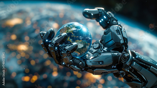 A highly detailed robotic hand cradles a luminous Earth against a blurred background portraying technology's grip on our world