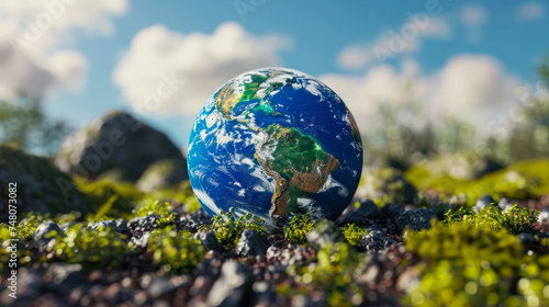 A crisp and vibrant image of Earth resting on a vibrant bed of moss under a clear blue sky, representing ecological balance and nature's beauty