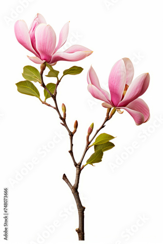 Pink flower is on branch with leaves on it's stem. © VISUAL BACKGROUND