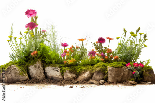 Group of rocks with flowers growing out of them on white background.