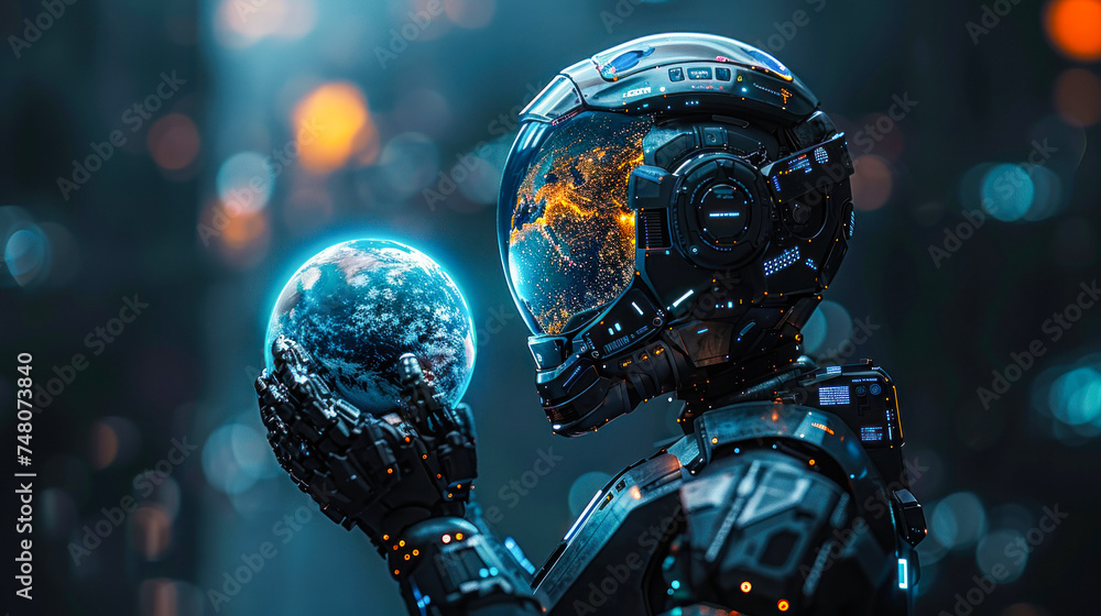 A highly detailed robot contemplating a miniature Earth globe against a bokeh background Reflects technology and ecology