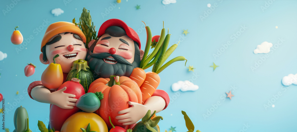A vibrant 3D rendering featuring adult people and children cartoon characters joyfully carrying or hugging an assortment of fresh, healthy fruits and vegetables. for promoting healthy eating habits A vibrant 3D rendering featuring adult people and children cartoon characters joyfully carrying or hugging an assortment of fresh, healthy fruits and vegetables. for promoting healthy eating habits