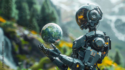 A robot in a natural landscape gently holds a globe, juxtaposing technology and nature