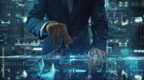 person in a business suit is interacting with a futuristic holographic display of graphs and data analytics.