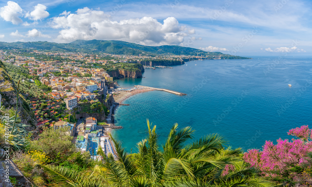 Overlook the idyllic Sorrento coastline, with sweeping views of azure waters and lush landscapes, epitomizing the charm of Italy's Amalfi Coast. - obrazy, fototapety, plakaty 