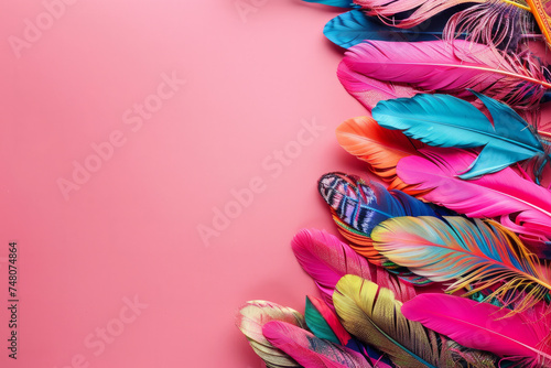 Vibrant feathers artistically arranged against a clean pink background, providing plenty of space for additional design elements. Perfect for projects related to crafts, fashion, or decor