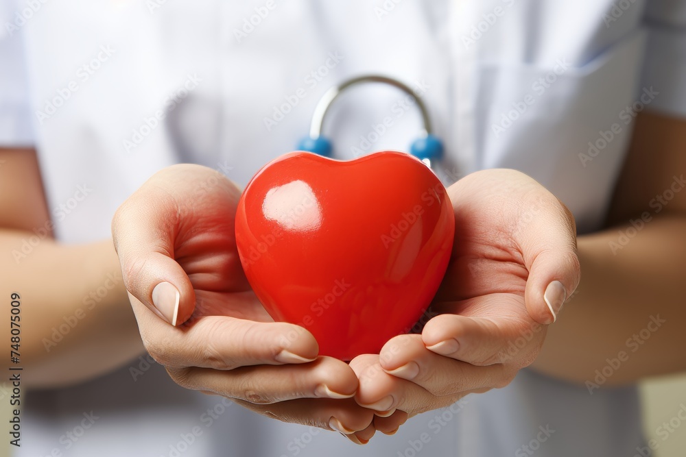 Female doctor holding red heart, healthcare concept and compassion, close-up shot