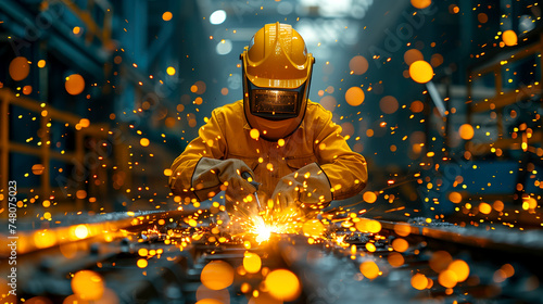 Professional welder making steel parts in a workshop. A man in protective clothing welds metal structures at a factory. photo
