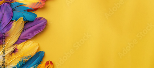 Vibrant feathers artistically arranged against a clean yellow background, providing plenty of space for additional design elements. Perfect for projects related to crafts, fashion, or decor photo