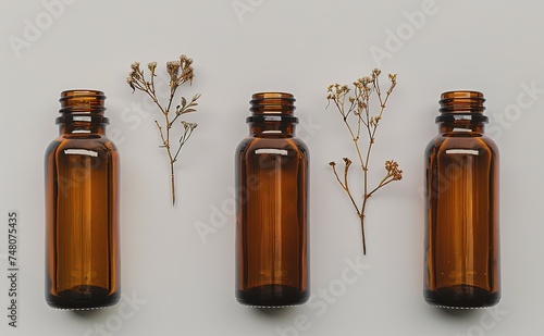 Elegant amber glass bottles with dried plants on a neutral background