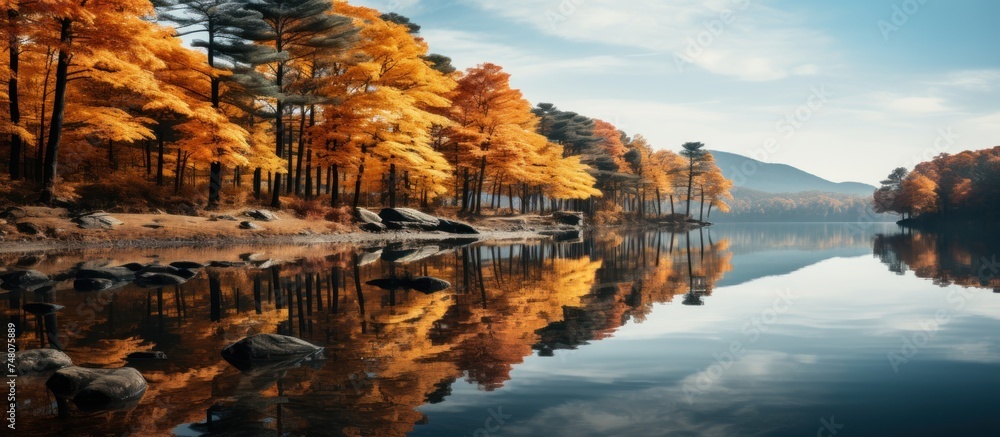 Autumn forest reflected in the lake. Beautiful nature scene. Long exposure.