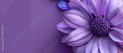 A close-up view of a vibrant purple flower standing out against a lush purple background, creating a visually striking contrast. #748076036