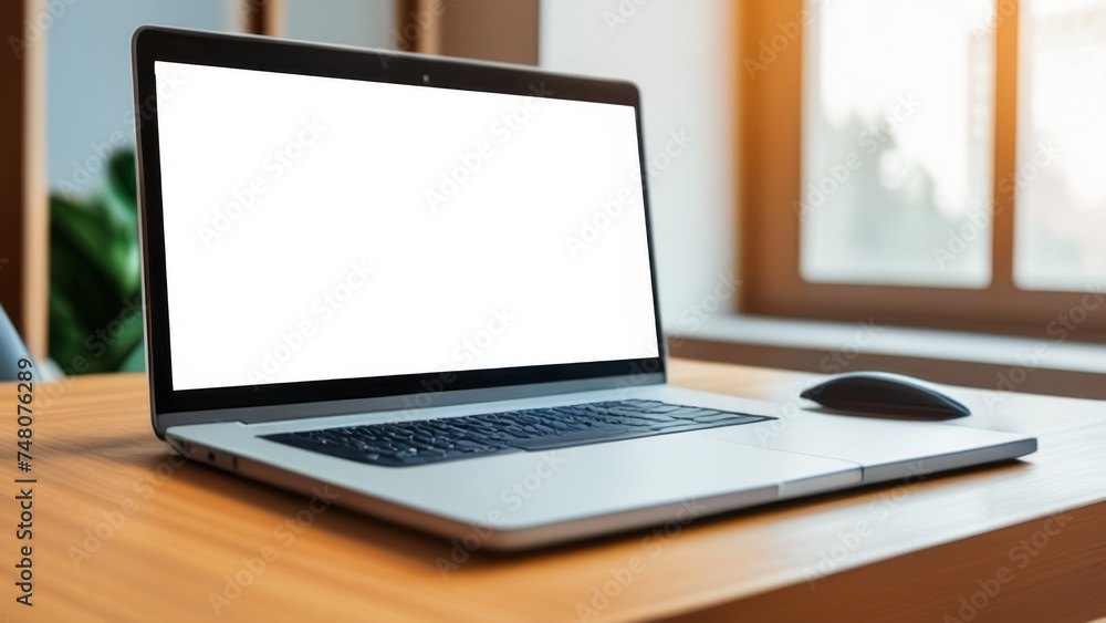 Mockup image of laptop with blank white screen on wooden desktop in modern office Mockup image of laptop with blank white screen on wooden desktop in modern office