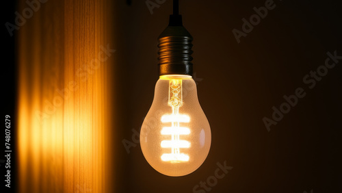Glowing fluorescent light bulb on dark background with copy space. 3D rendering