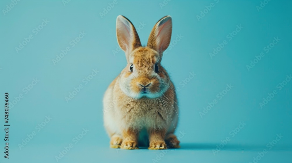 A brown rabbit with large ears looks curiously to the side on a calming teal background, with copy space for easter, rabbit, animal, pet, brown, cute, fur, ear, mammal, background, celebration