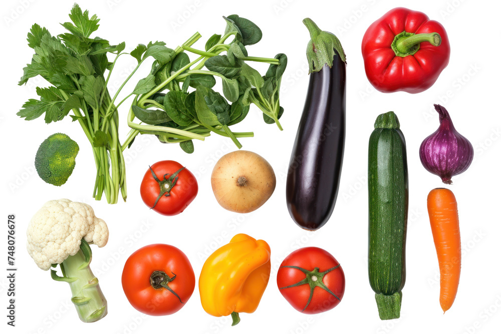 Top-down view, collection of vegetables isolated on transparent background. Top-down view, collection of vegetables isolated on transparent background.