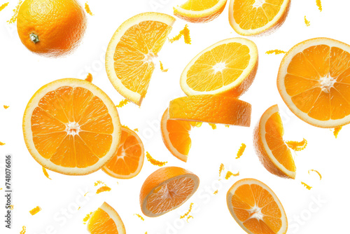 Thin slices of oranges and oranges fall. Isolated transparent background.