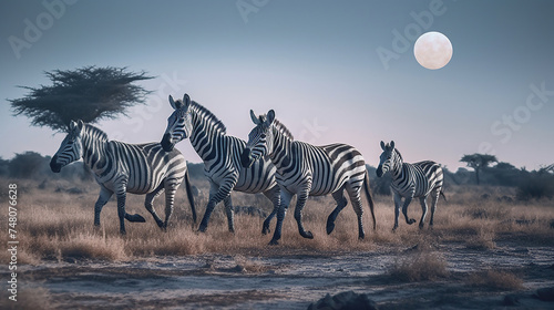 Group of Zebras running across the African savannah with full moon