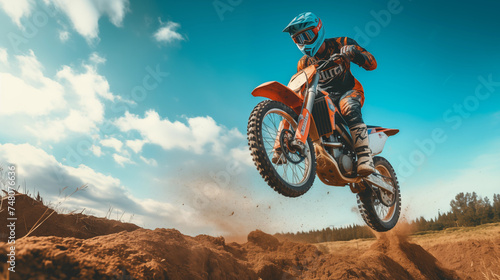 An offroad motocross motor bike, in mid air during a jump with a dirt trail with blue sky. Motorcycle stunt or car jump